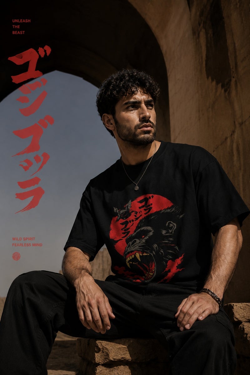Men's Oversized Black Gorilla Graphic T-Shirt Casual Short Sleeve Crew Neck Streetwear Tee - Image 4