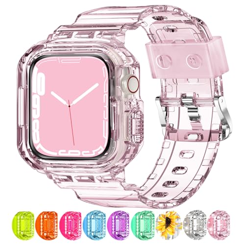 XYF Compatible for Crystal Clear Apple Watch Bands, 45mm 44mm 42mm Bumper Case for Men Women Jelly Sport Cover Strap for iWatch Ultra 3 2 Series 11 10 9 8 7 SE 6 5 4 3 (ClearPink, 42/44/45) - Image 1