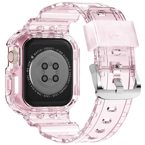 XYF Compatible for Crystal Clear Apple Watch Bands, 45mm 44mm 42mm Bumper Case for Men Women Jelly Sport Cover Strap for iWatch Ultra 3 2 Series 11 10 9 8 7 SE 6 5 4 3 (ClearPink, 42/44/45) - Image 2