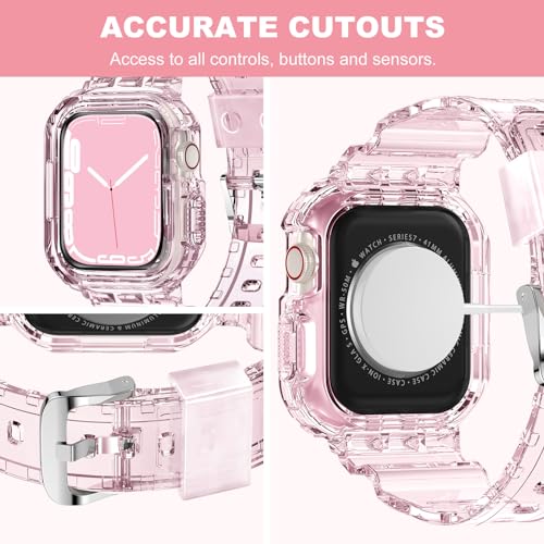XYF Compatible for Crystal Clear Apple Watch Bands, 45mm 44mm 42mm Bumper Case for Men Women Jelly Sport Cover Strap for iWatch Ultra 3 2 Series 11 10 9 8 7 SE 6 5 4 3 (ClearPink, 42/44/45) - Image 4