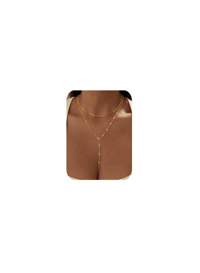 Hergory Long Gold Necklace for Women Trendy, Dainty Layered Lariat Necklace 14k Gold Plated Silver Y Shaped Beaded Chain Non Tarnish Drop Necklaces Simple Adjustable Jewelry Gift, Adult, Brass, No - Image 2