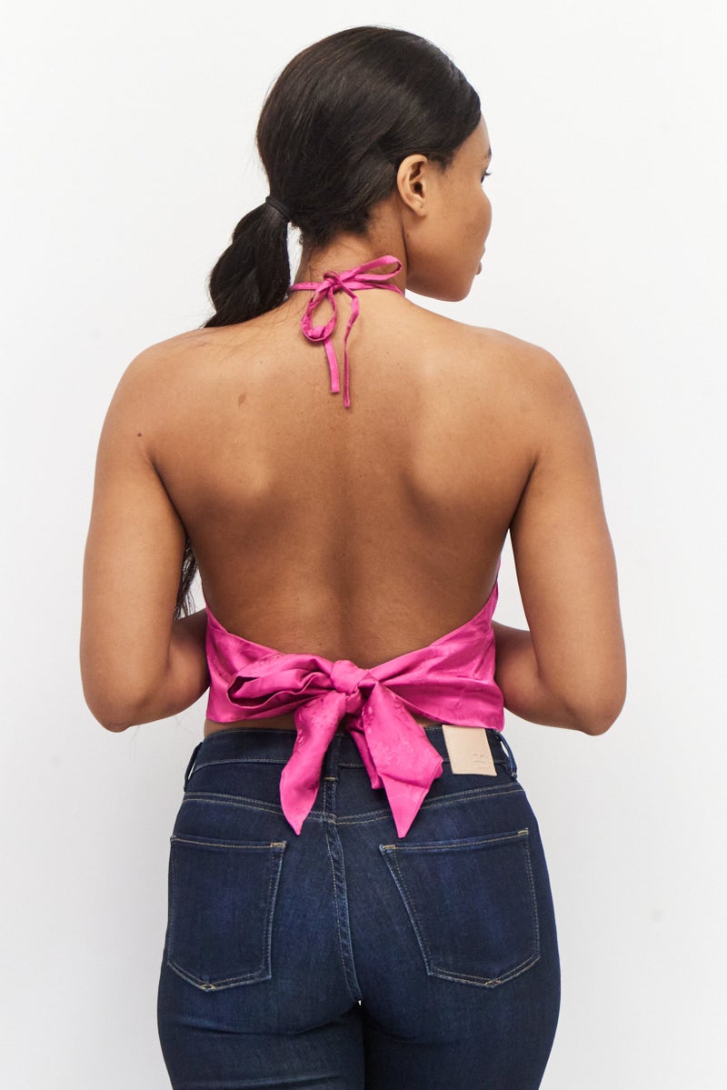 Asos Design Women Petite Halter Neck Sleeveless Floral Crop Top, Fuchsia - Image 3
