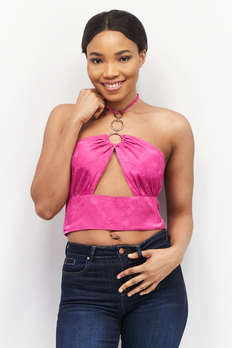 Asos Design Women Petite Halter Neck Sleeveless Floral Crop Top, Fuchsia - Image 1