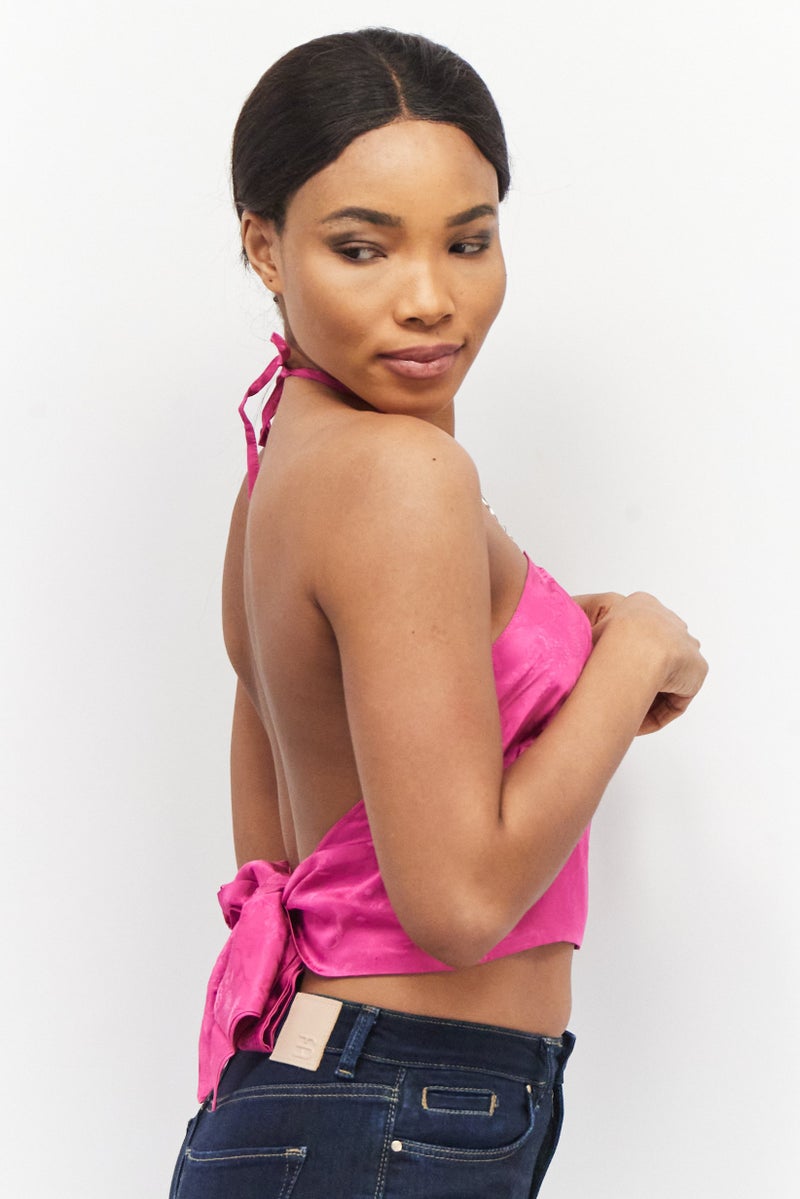Asos Design Women Petite Halter Neck Sleeveless Floral Crop Top, Fuchsia - Image 2