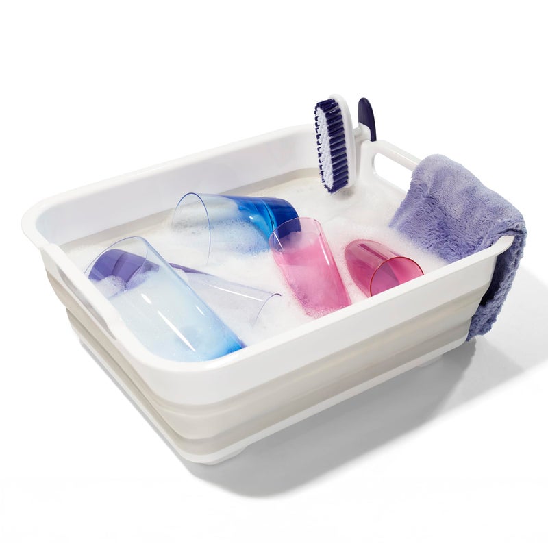 Madesmart Collapsible Dishwashing Basin with Handles Plastic PopUp Dish Wash Basin for Kitchen Counters GrayWhite