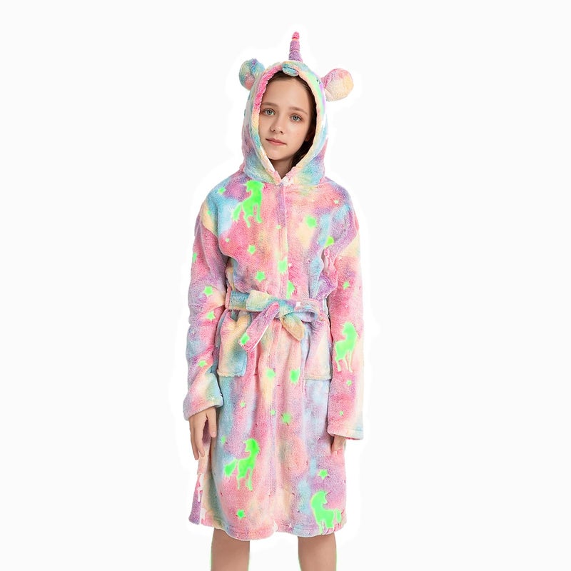 ALLINCOZY Girls Fleece Hooded Robes Soft Bathrobe for Kids- Glow in the Dark Unicorn Gifts for Girls (US, Age, 7 Years, 8 Years, Pink Unicorn) - Image 1