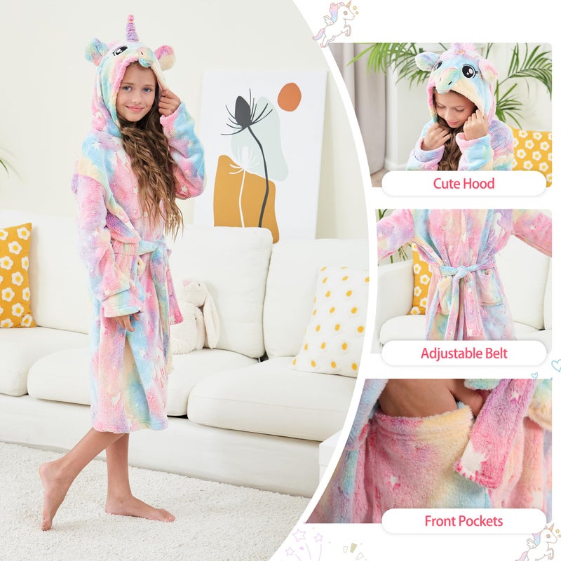 ALLINCOZY Girls Fleece Hooded Robes Soft Bathrobe for Kids- Glow in the Dark Unicorn Gifts for Girls (US, Age, 7 Years, 8 Years, Pink Unicorn) - Image 2