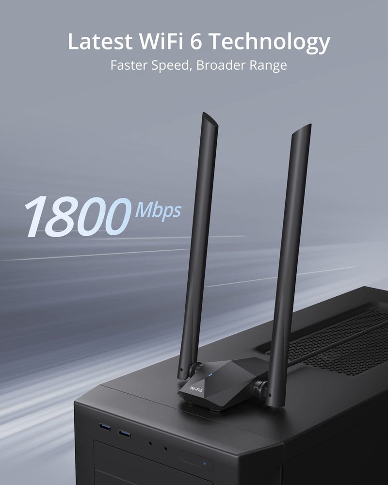 BrosTrend USB WiFi 6 Adapter AX1800 Long Range USB WiFi Adapter for PC Laptop Desktop 5GHz/1201Mbps + 2.4GHz/574Mbps Wireless Dongle with 2X High Gain Wi-Fi Antennas for Windows 11/10 ONLY - Image 2