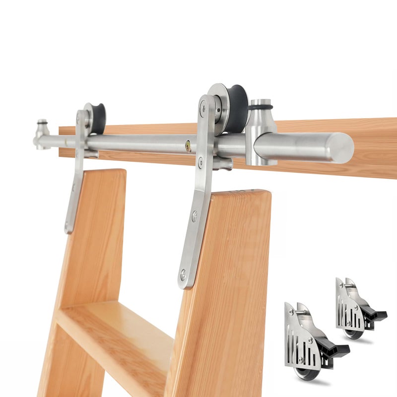 مجموعة أدوات سلم المكتبة القابلة للسحب من DIYHD بطول 66 قدم من الفولاذ المقاوم للصدأ مع عجلة سفلية مزودة بفرامل سعة 300 رطل تشطيب ساتان بدون سلم