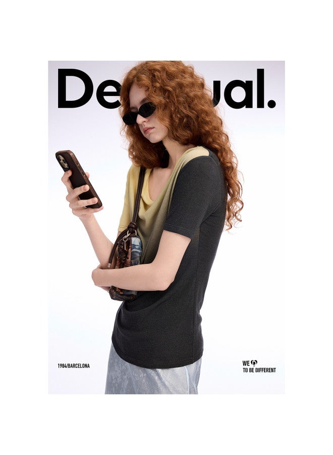 DESIGUAL تي شيرت نسائي بقلنسوة مرنة بطباعة تدرج جديدة ss25 - Image 4