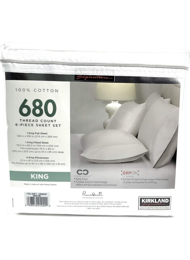 Kirkland Signature - Kirkland Signature 680 Thread Count 6 Piece Sheet Set - 1 Flat Sheet, 1 Fitted Sheet, 4 Pillowcases (White) - Image 1