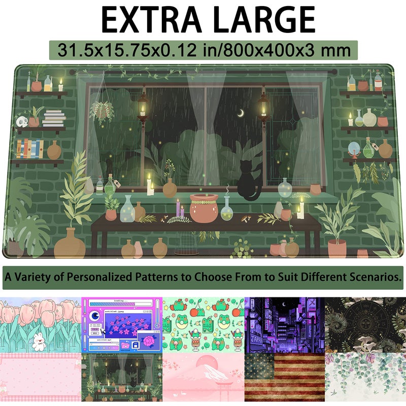 DSKGSJH Cute Rainy Night Desk Mat Green Plants Desk Pad, Anime Black Cat Kawaii Large Gaming Mouse Pad, Moonlight Fireflies Deskmat Aesthetic Mousepad XXL, Laptop Keyboard Pad for Women Desk 31.5"x15.75" - Image 2