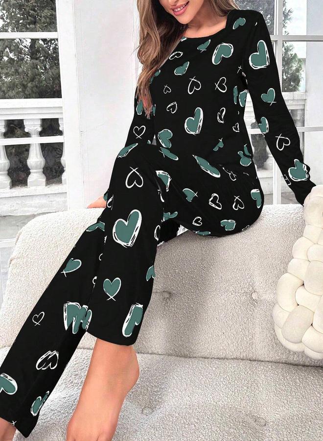 تايك تو طقم تيشيرت بأكمام طويلة بطبعة قلب مع بنطال - Image 5