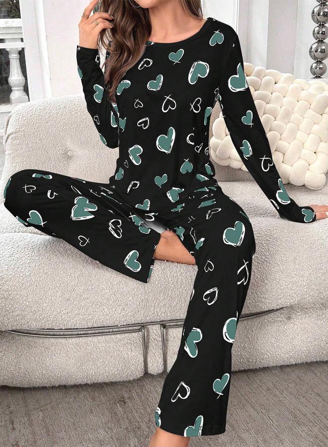 تايك تو طقم تيشيرت بأكمام طويلة بطبعة قلب مع بنطال - Image 1