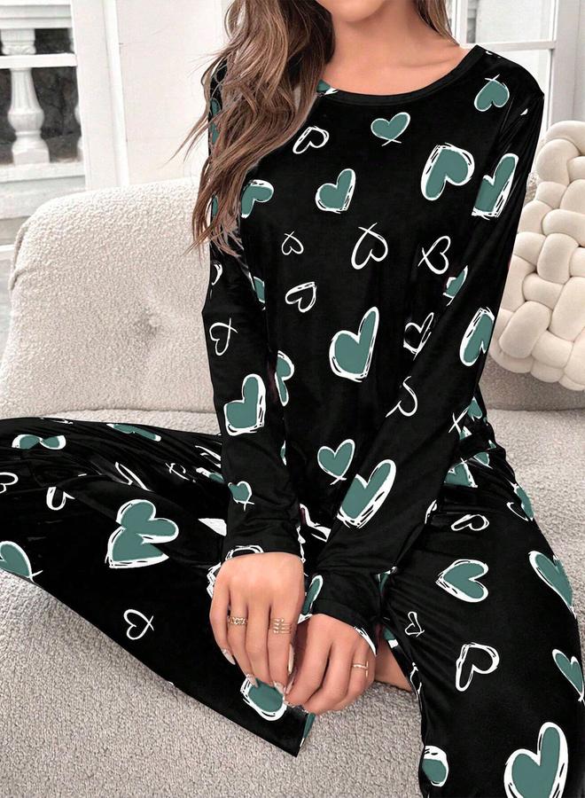 تايك تو طقم تيشيرت بأكمام طويلة بطبعة قلب مع بنطال - Image 3