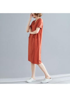 Plus Size Women's Summer Loose Korean-style Mid-length T-shirt Skirt Chubby Girl Solid Color V-neck Slimming Short Sleeve Dress Fashion