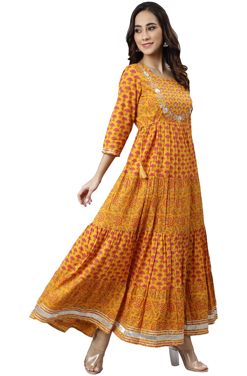 Janasya Women's Mustard Cotton Floral Print Flared Kurta - Image 5
