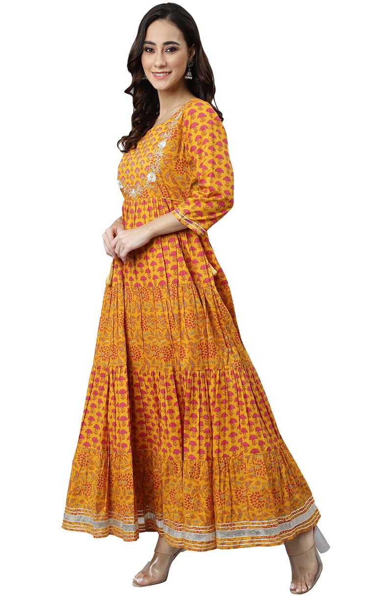 Janasya Women's Mustard Cotton Floral Print Flared Kurta - Image 4
