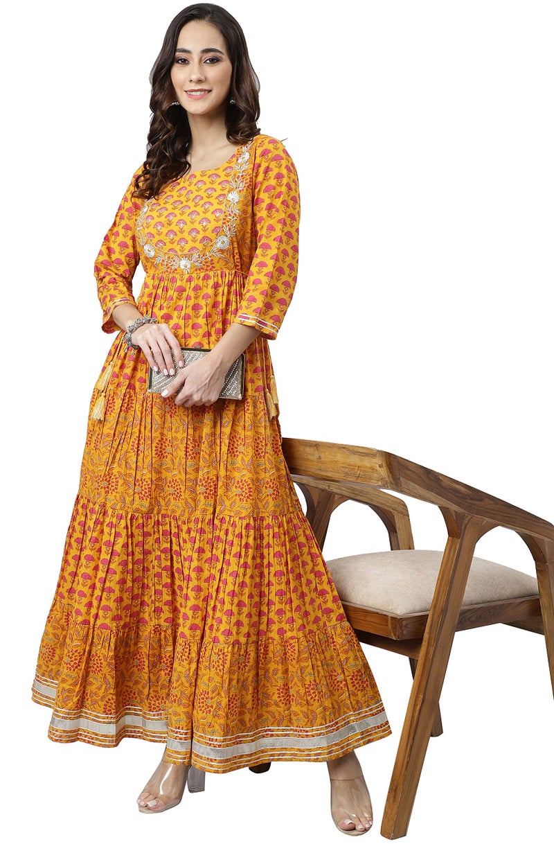 Janasya Women's Mustard Cotton Floral Print Flared Kurta - Image 2