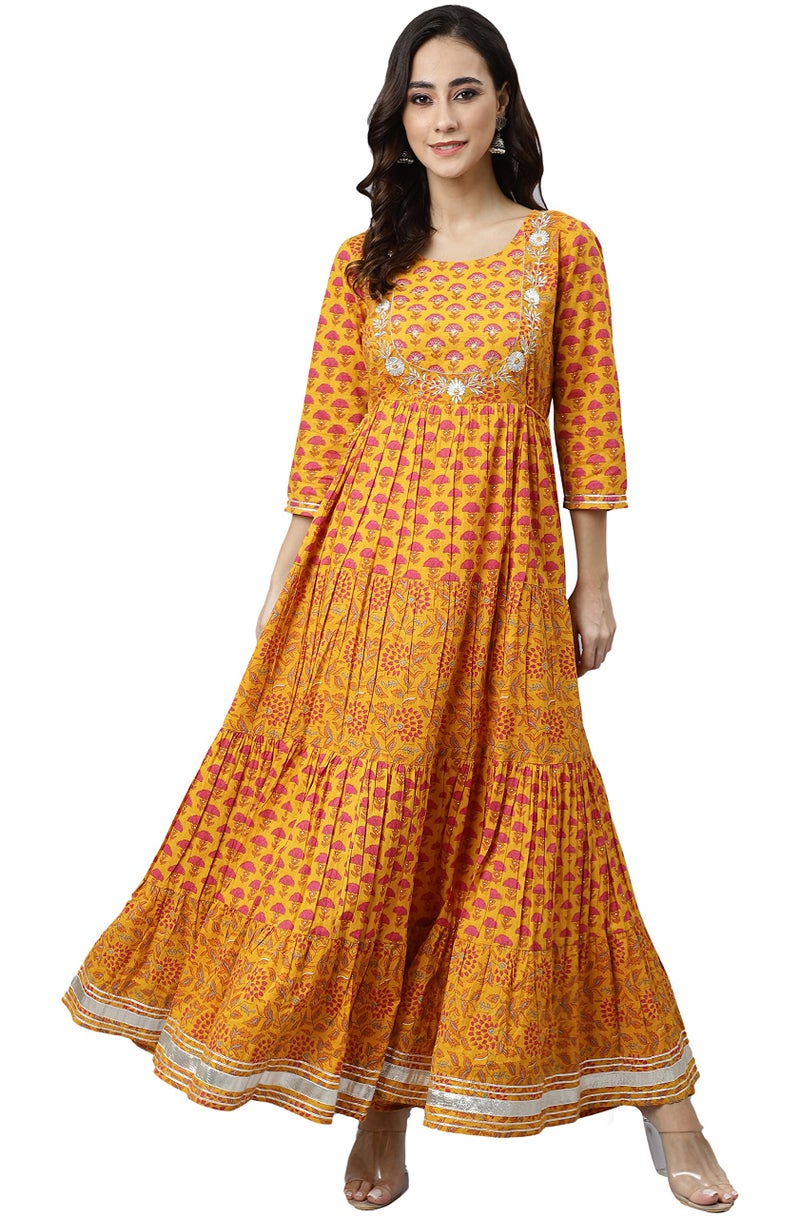 Janasya Women's Mustard Cotton Floral Print Flared Kurta - Image 3