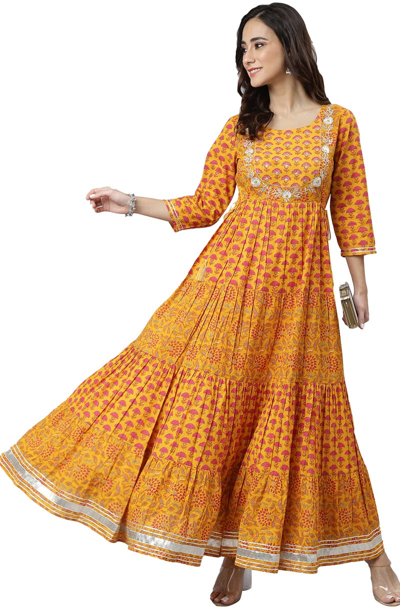 Janasya Women's Mustard Cotton Floral Print Flared Kurta - Image 1