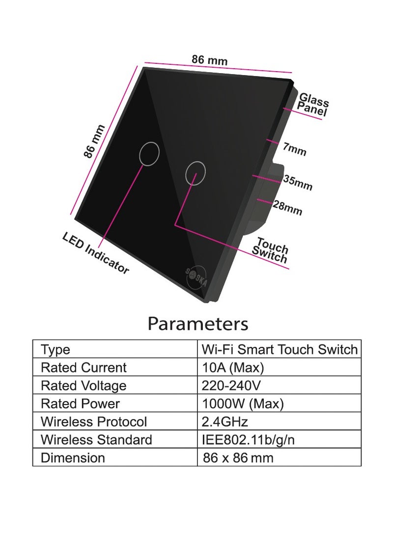 SASKA Saska Smart Tuya Wifi Touch Light Switch (SJ-A1) Smartlife App Remote Control, Timing Function Voice Control Compatible with Alexa, Google Home - No Neutral No Hub Needed (2Gang, Black)  - Image 2