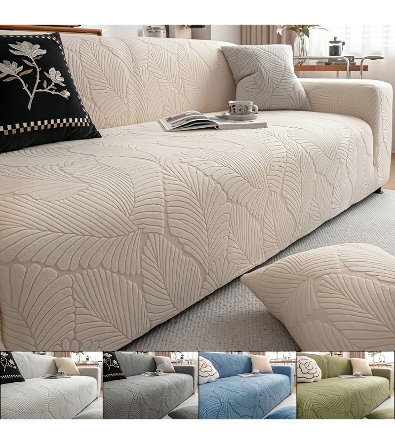 Elegant Green Leaf Texture Fleece Sofa Cover 2 Seater Slip Resistant Pet Friendly Machine Washable - Image 1