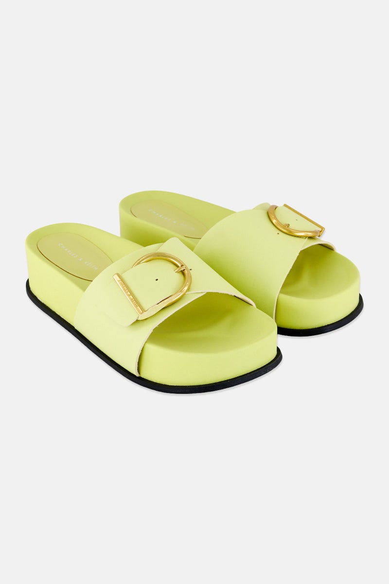 CHARLES & KEITH Women Open Toe Adjustable Buckle Slides, Neon Yellow  - Image 1