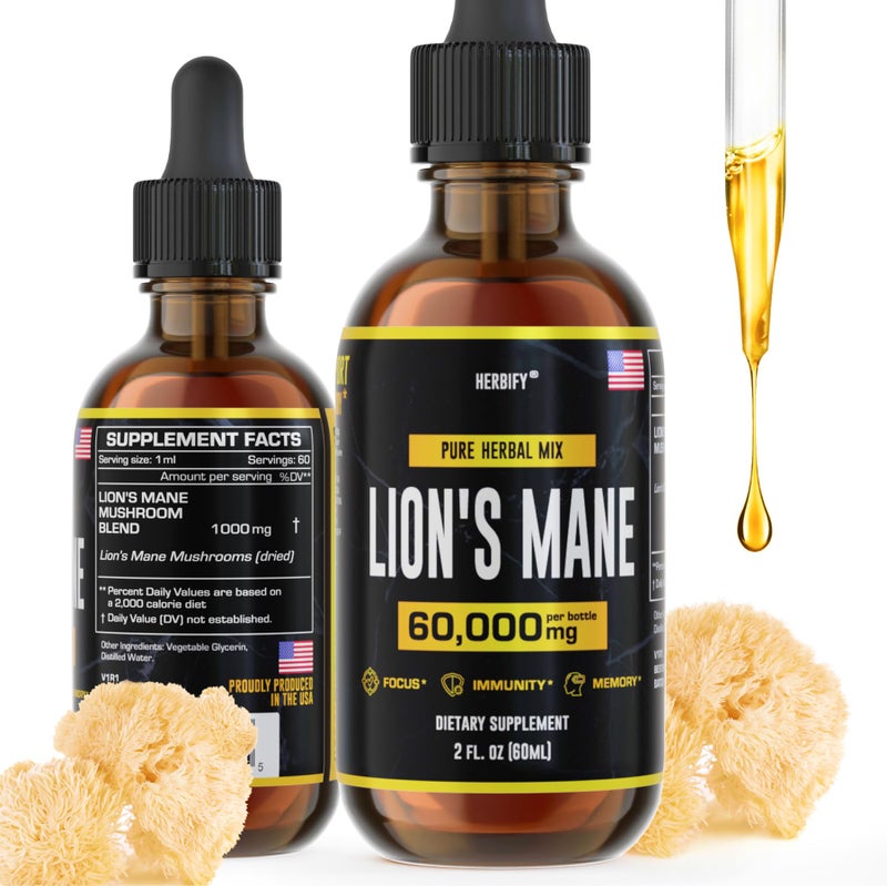 HERBIFY Lions Mane - Lions Mane Mushroom Supplement- Lions Mane Tincture - Lions Mane Immune Support - Lions Mane Tincture for Memory, Focus & Clarity - Daily Mushroom Supplement 2 Fl oz - Image 1