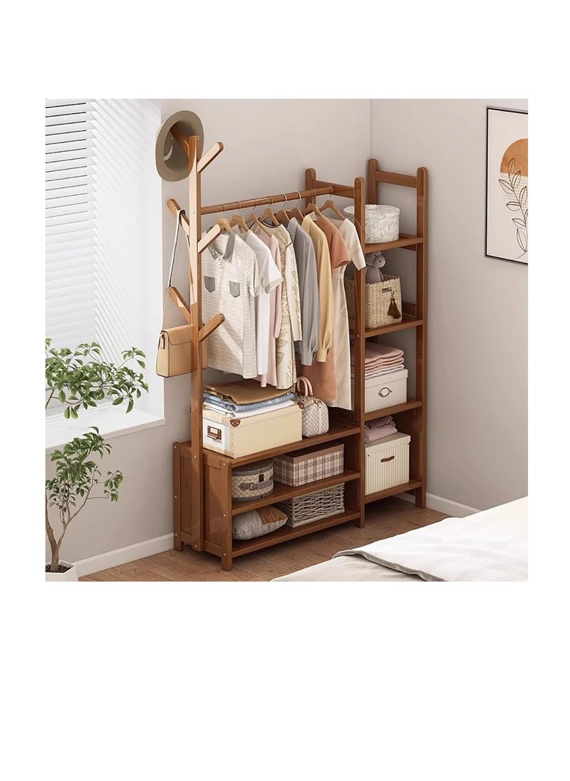 Generic - Clothing Rack Bamboo Garment Rack Coat Rack Multifunctional Bedroom Hanging Rack Clothes Organizer Hat Tree Wardrobe Storage Shelves with 6 Hooks (100cm) - Image 1