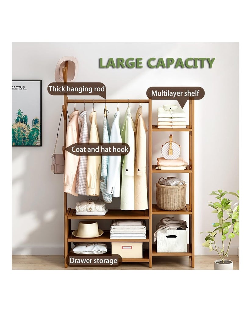 Generic - Clothing Rack Bamboo Garment Rack Coat Rack Multifunctional Bedroom Hanging Rack Clothes Organizer Hat Tree Wardrobe Storage Shelves with 6 Hooks (100cm) - Image 1