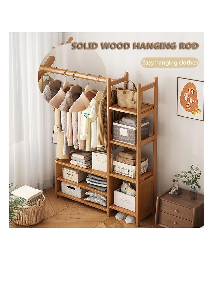 Generic - Clothing Rack Bamboo Garment Rack Coat Rack Multifunctional Bedroom Hanging Rack Clothes Organizer Hat Tree Wardrobe Storage Shelves with 6 Hooks (100cm) - Image 1