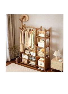 Clothing Rack Bamboo Garment Rack Coat Rack Multifunctional Bedroom Hanging Rack Clothes Organizer Hat Tree Wardrobe Storage Shelves with 6 Hooks (100cm)