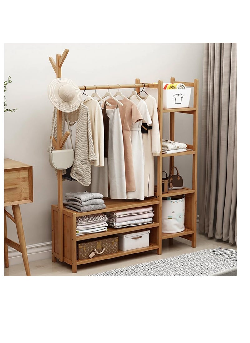 Generic - Clothing Rack Bamboo Garment Rack Coat Rack Multifunctional Bedroom Hanging Rack Clothes Organizer Hat Tree Wardrobe Storage Shelves with 6 Hooks (100cm) - Image 1