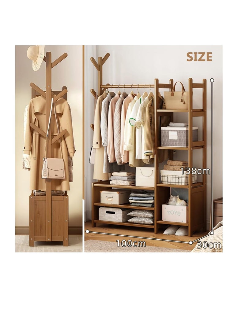 Generic - Clothing Rack Bamboo Garment Rack Coat Rack Multifunctional Bedroom Hanging Rack Clothes Organizer Hat Tree Wardrobe Storage Shelves with 6 Hooks (100cm) - Image 1
