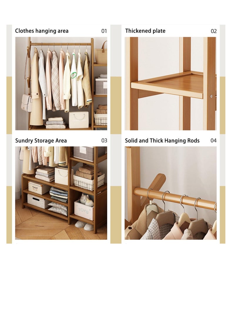 Generic - Clothing Rack Bamboo Garment Rack Coat Rack Multifunctional Bedroom Hanging Rack Clothes Organizer Hat Tree Wardrobe Storage Shelves with 6 Hooks (100cm) - Image 1
