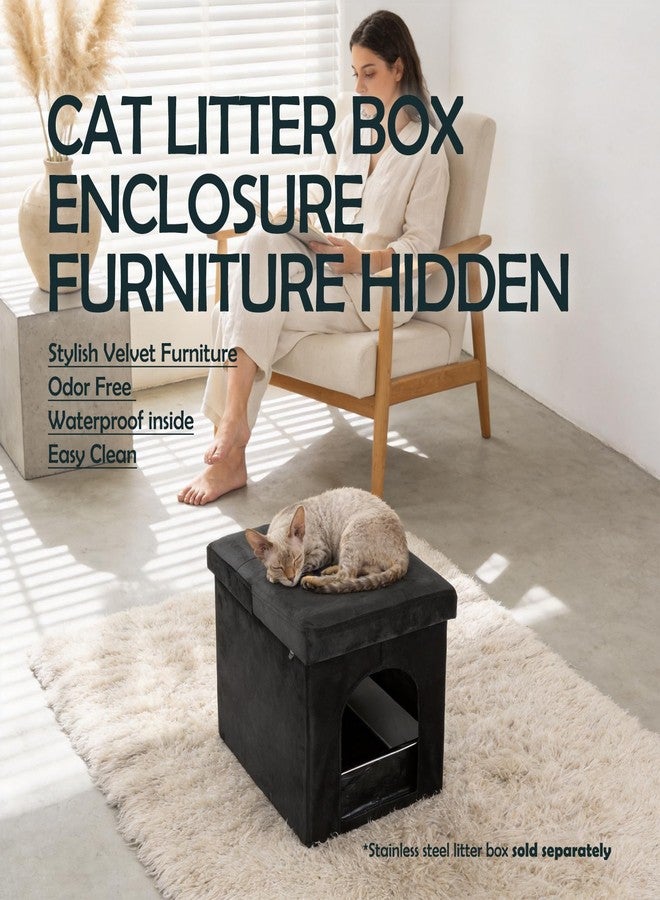 MEEXPAWS Cat Litter Box Enclosure, Small Hidden Litter Box Furniture with Removable Waterproof Liner and Divider, Velvet Washroom Bench, Dog Proof, Black, 18.9'' x 15'' x 15'' - Image 3