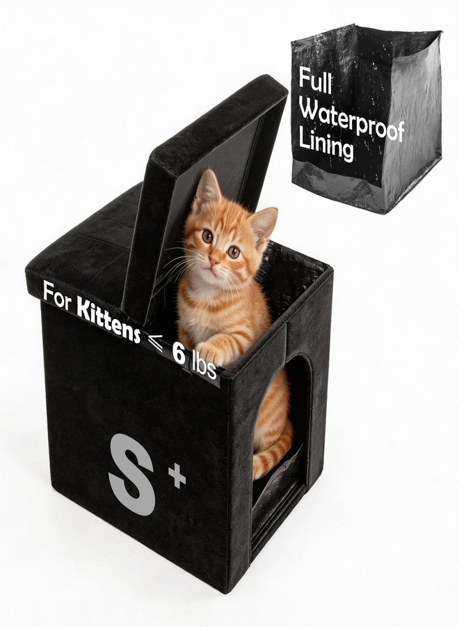 MEEXPAWS Cat Litter Box Enclosure, Small Hidden Litter Box Furniture with Removable Waterproof Liner and Divider, Velvet Washroom Bench, Dog Proof, Black, 18.9'' x 15'' x 15'' - Image 1