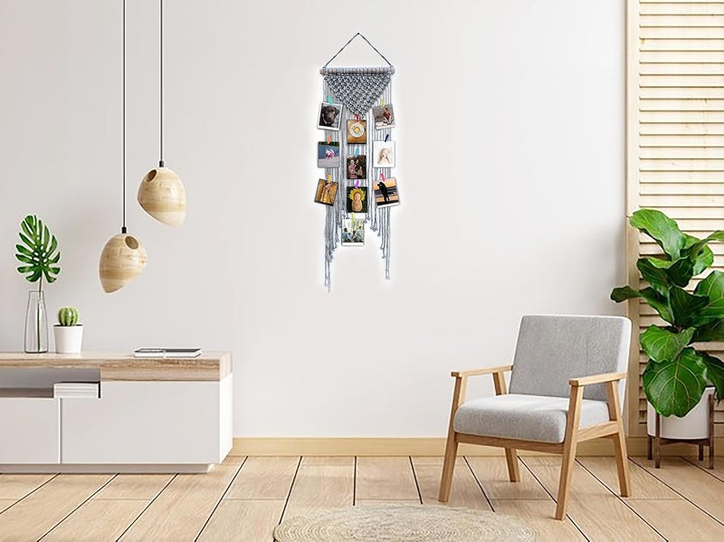 VAH- Kya Bat Hai !! VAH Kya Bat Hai Grey Colour Macrame Photo Organaizer Wall Dcor Home Dcor Wall Hanging With Wooden Clips  - Image 5