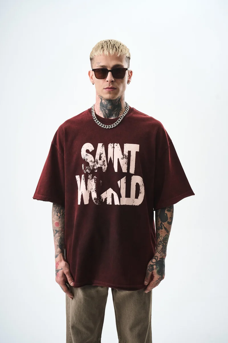 RESPIRE Men's Star Print Washed Oversize T-Shirt, Burgundy