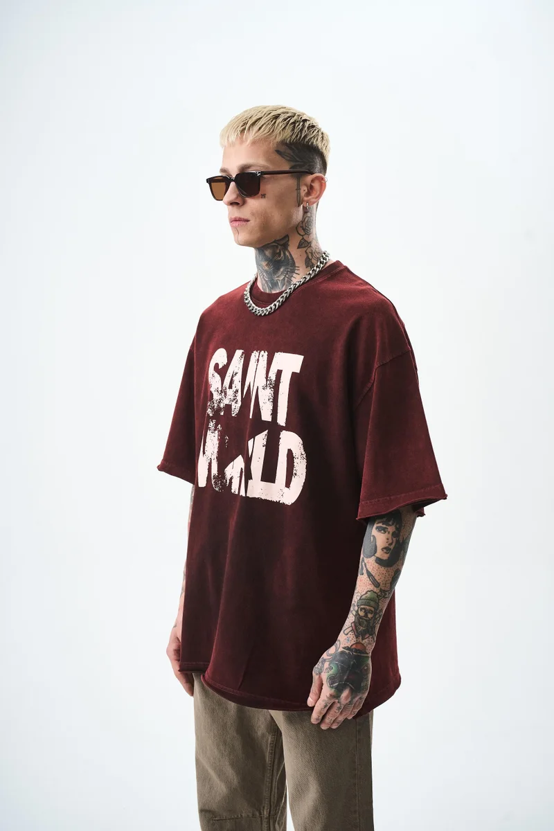 RESPIRE Men's Star Print Washed Oversize T-Shirt, Burgundy