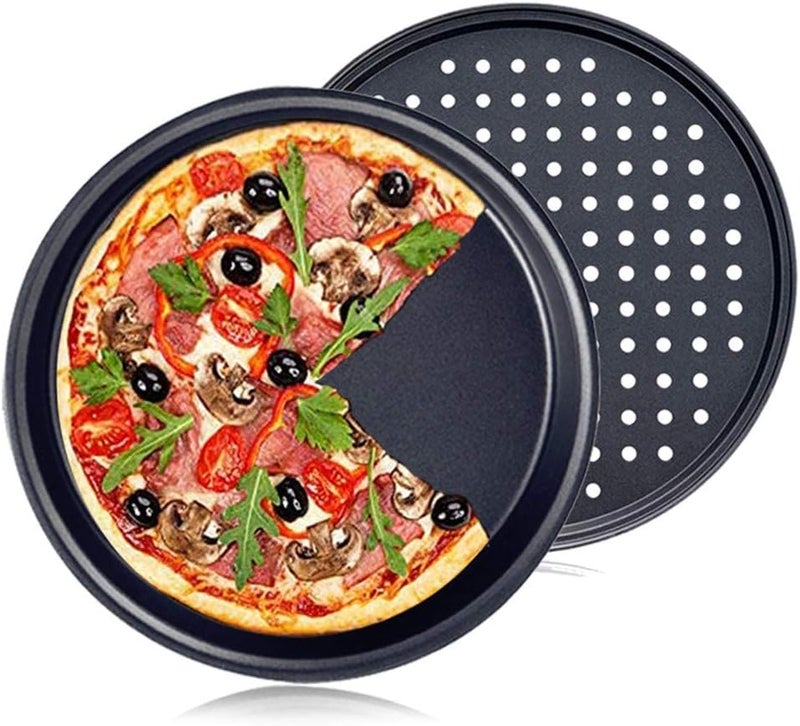 No brands Pizza Pan 12" Pizzas Baking Crisper Tray Non-Stick Bakeware Plate Professional Carbon Steel Pie Pan for Oven 2 Set (one Hole and one Non Hole) - Image 1