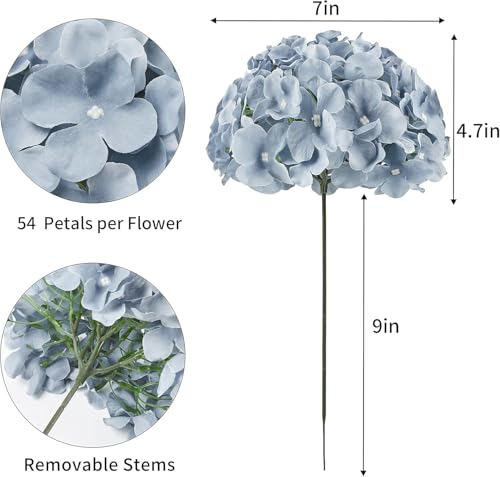 DuHouse Silk Hydrangea Artificial Flower Heads with Stems Fake Hydrangeas Flowers for DIY Wedding Centerpiece Home DecorPack of 6 Dusty Blue - Image 3