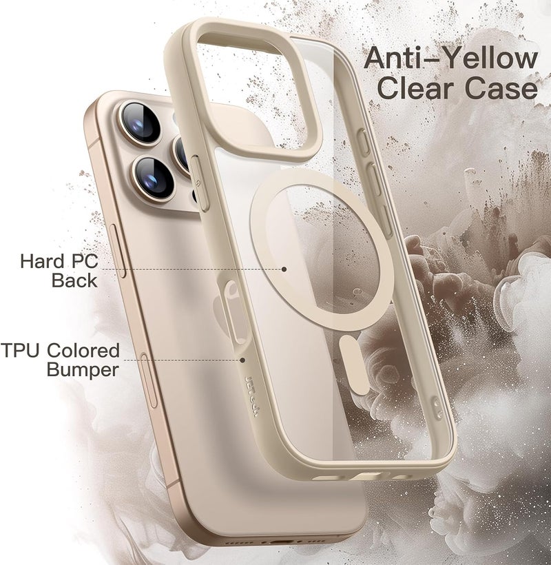جي تيك جراب مغناطيسي لهاتف iPhone 16 Pro Max مقاس 6.9 بوصة متوافق مع Magsafe، غطاء ممتص للصدمات للهاتف، إطار TPU غير لامع بلون سادة، ظهر شفاف مضاد للخدش من التيتانيوم الصحراوي - Image 3
