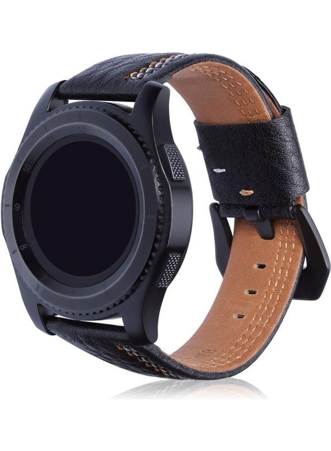 NIBEMINENT Three Lines Pattern Top-grain Leather Wrist Watch Band for Samsung Gear S3 22mm Black  - Image 4