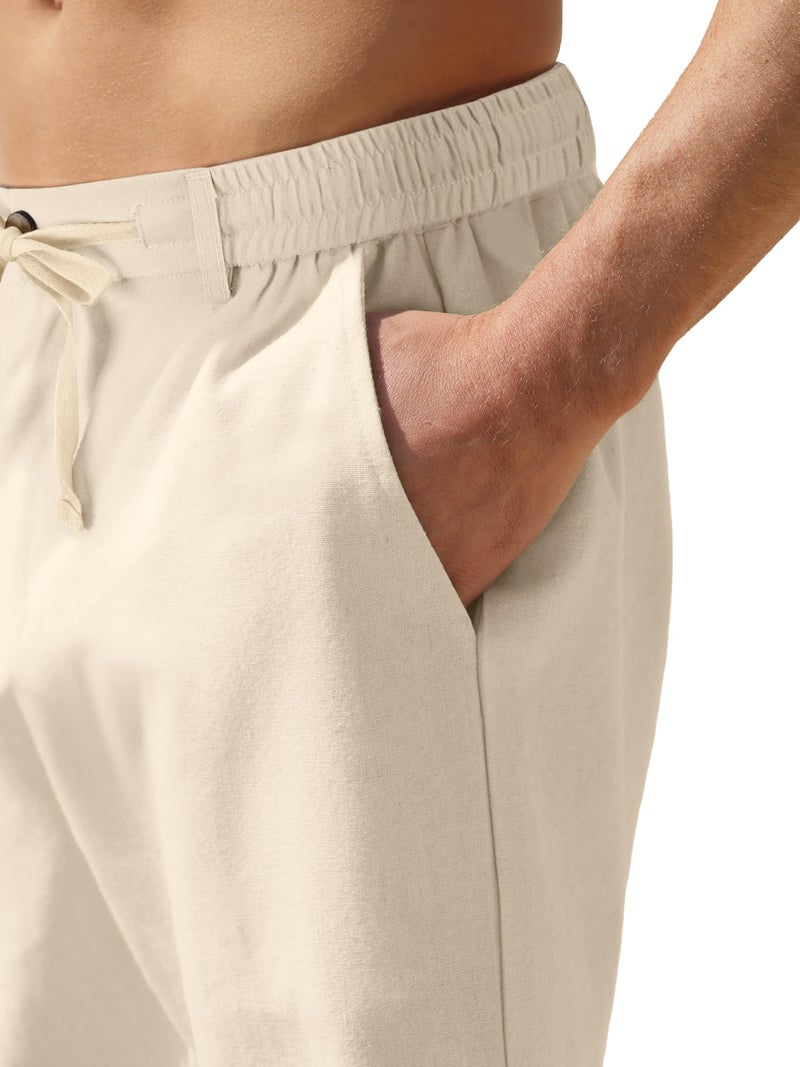 PLEPAN Mens Casual Linen Shorts - 7 inch Summer Beach Elastic Waist Drawstring Short Beige Large - Image 4