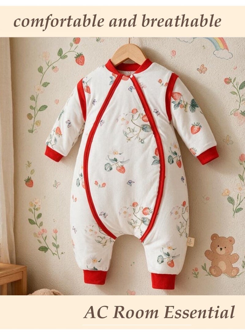 Baby Cotton Split Leg Sleeping Romper, Thin Quilted Zipper Jumpsuit with Strawberry Print - Image 2
