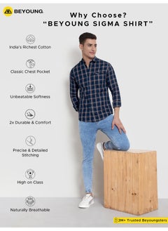 Beyoung Long Sleeve Navy Blue Line Multi Checked Shirts for  - Image 5