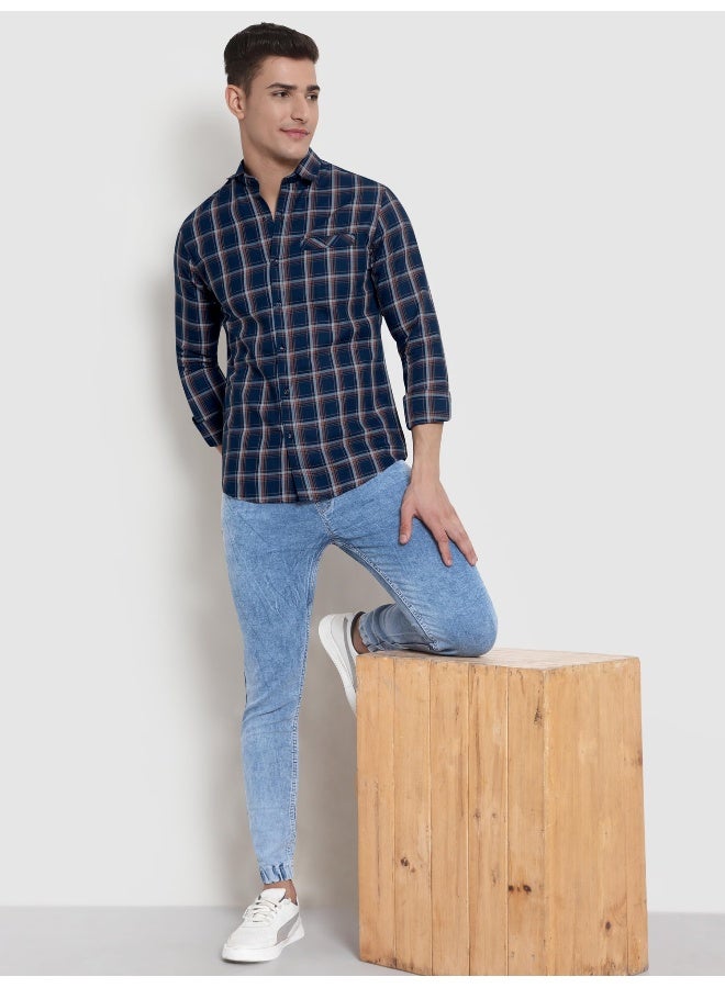 Beyoung Long Sleeve Navy Blue Line Multi Checked Shirts for  - Image 4