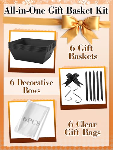 Beeplove 6 Sets Large Thick Kraft Baskets for Gifts Empty - Gift Baskets Empty Kit with Cellophane Wrap and Pull Bows for Wedding Birthday Bridesmaid Baby Shower, Black - Image 4